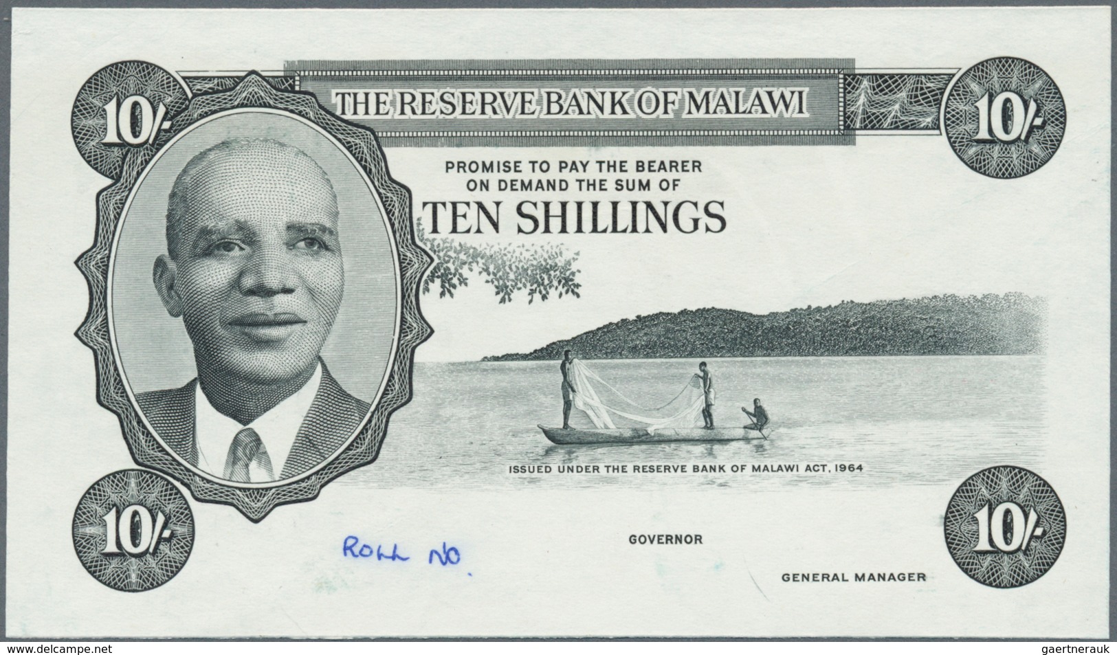Malawi:  Reserve Bank Of Malawi 10 Shillings L.1964 Intaglio Printed Front Proof In Black And White - Malawi