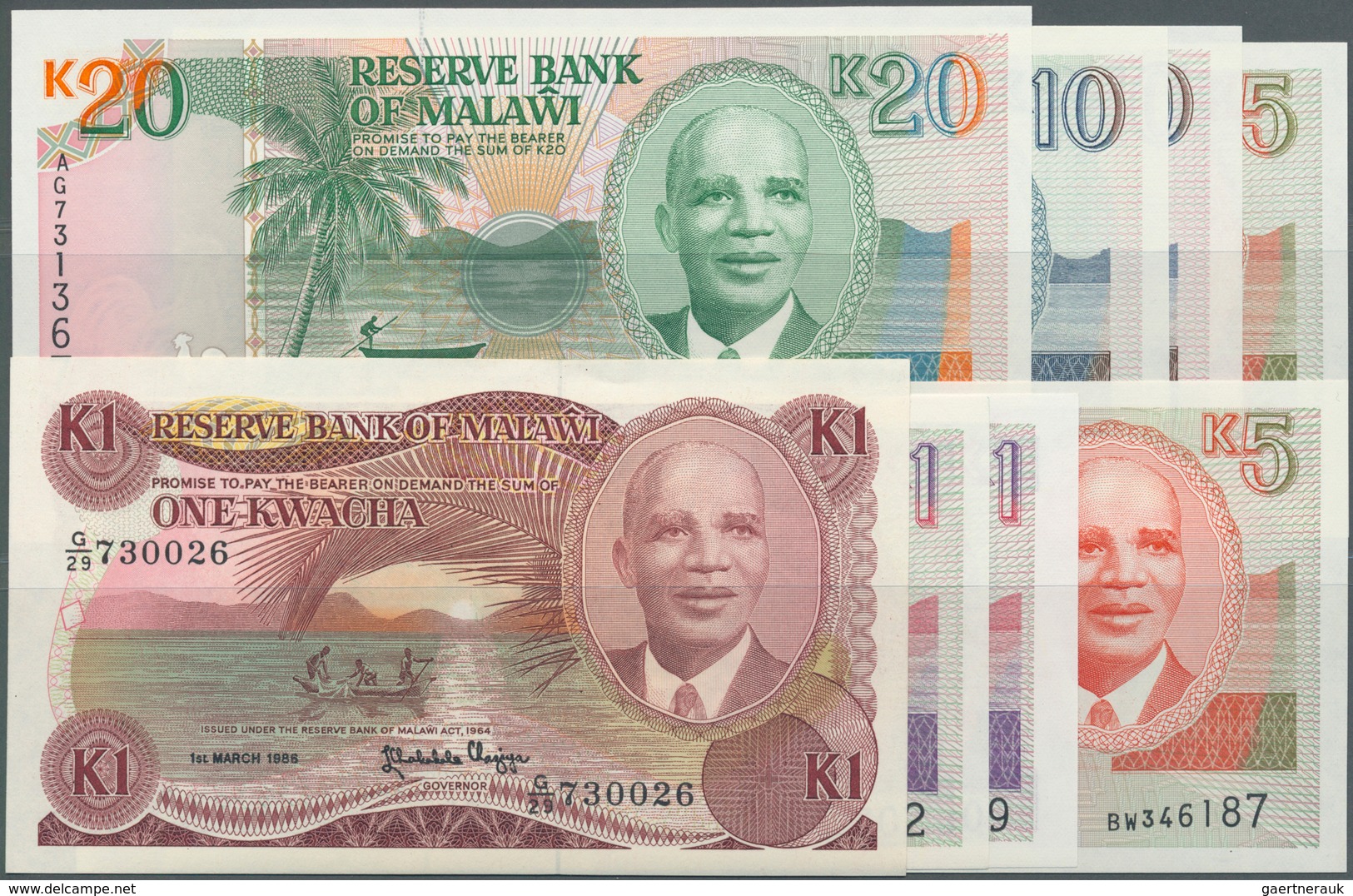 Malawi: Set Of 8 Banknotes Containing 1 Kwacha 1986, 2x 1 Kwacha 1992, 5 Kwacha 1994, 5 Kwacha 1990, - Malawi