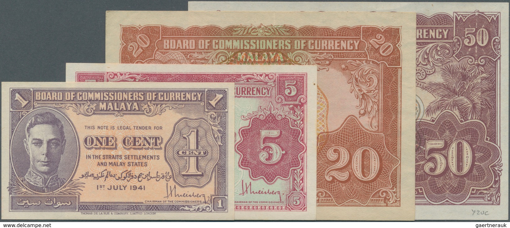 Malaya: Set Of 4 Banknotes Containing 5 Cents 1941 P. 7a (XF+ To AUNC), 1 Cent 1941 P. 6 (UNC), 50 C - Maleisië