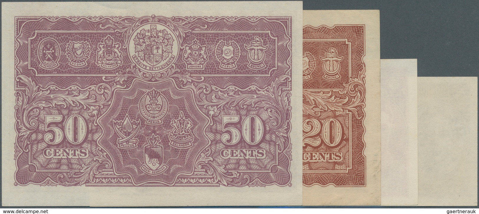 Malaya: Set Of 4 Banknotes Containing 5 Cents 1941 P. 7a (XF+ To AUNC), 1 Cent 1941 P. 6 (UNC), 50 C - Maleisië