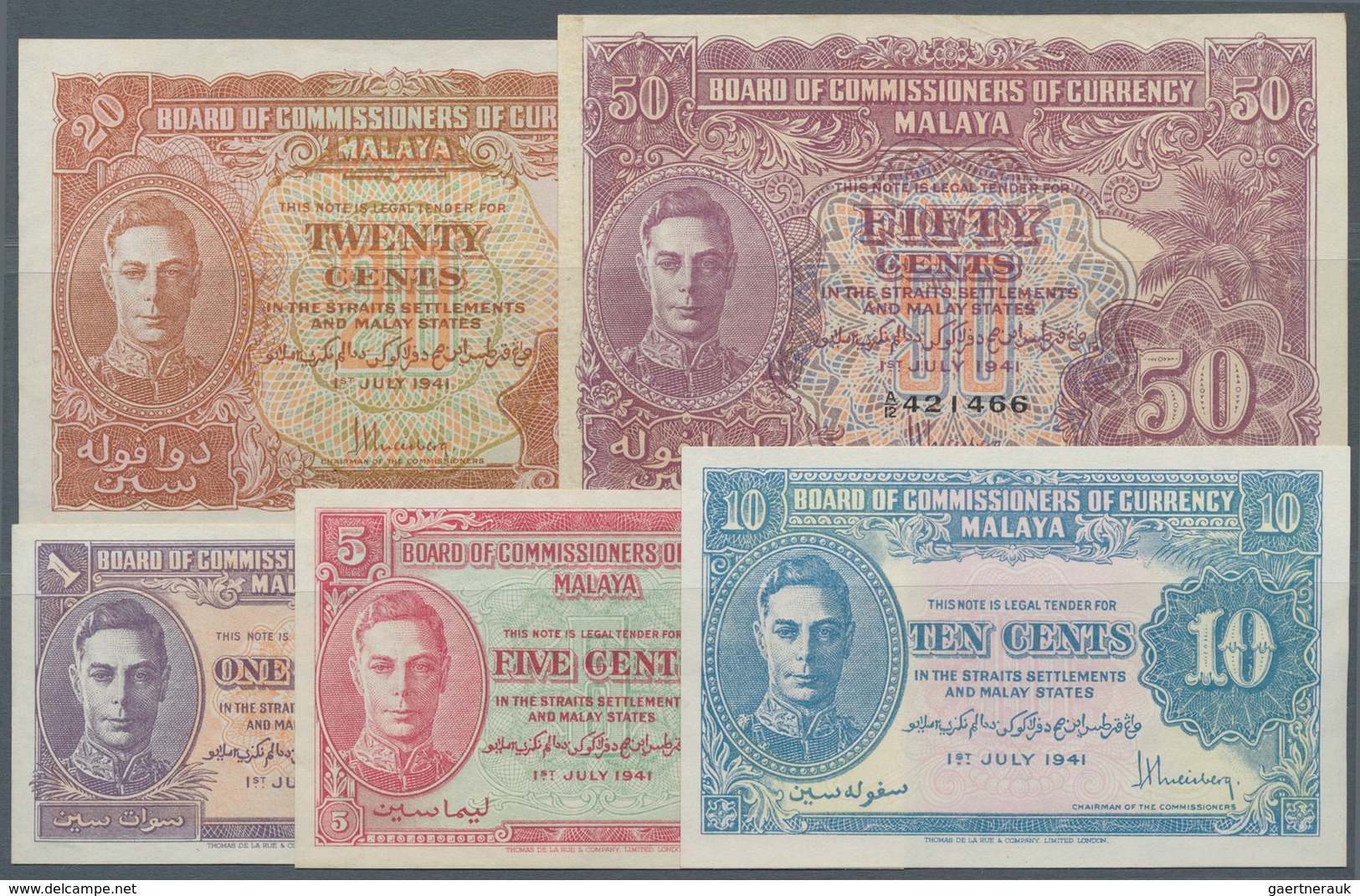Malaya: Very Nice Set With 5 Banknotes 1, 5, 10, 20 And 50 Cents 1941, P.6-10 In VF To XF Condition. - Malaysia