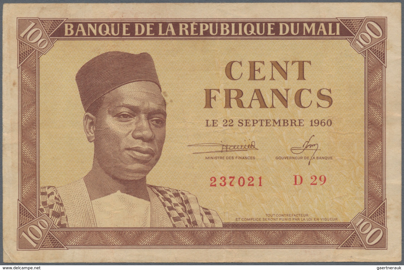 Mali: Set Of 3 Notes Containing 50, 100 & 1000 Francs 22.09.1960 P. 1, 2, 4, The First One Used With - Mali