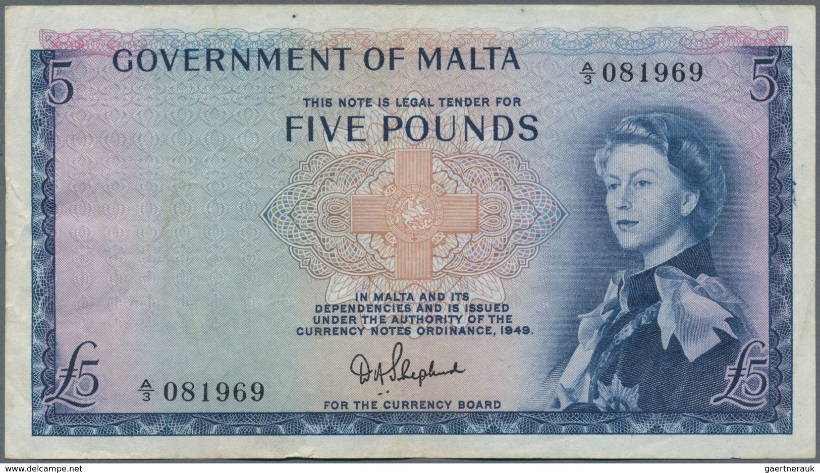Malta: 5 Pounds 1961 P. 27a With Light Folds In Paper, Still Strongness And Nice Colors, Condition: - Malta