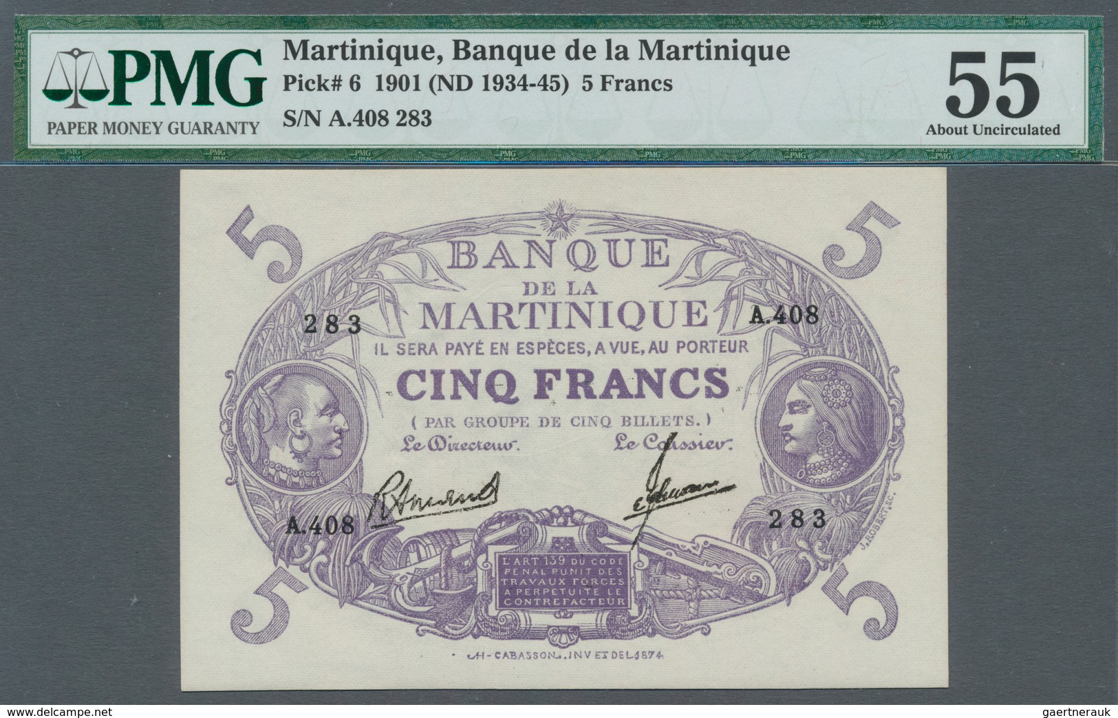 Martinique: 5 Francs ND(1934-45) P. 6, In Condition: PMG Graded 55 AUNC. - Autres & Non Classés