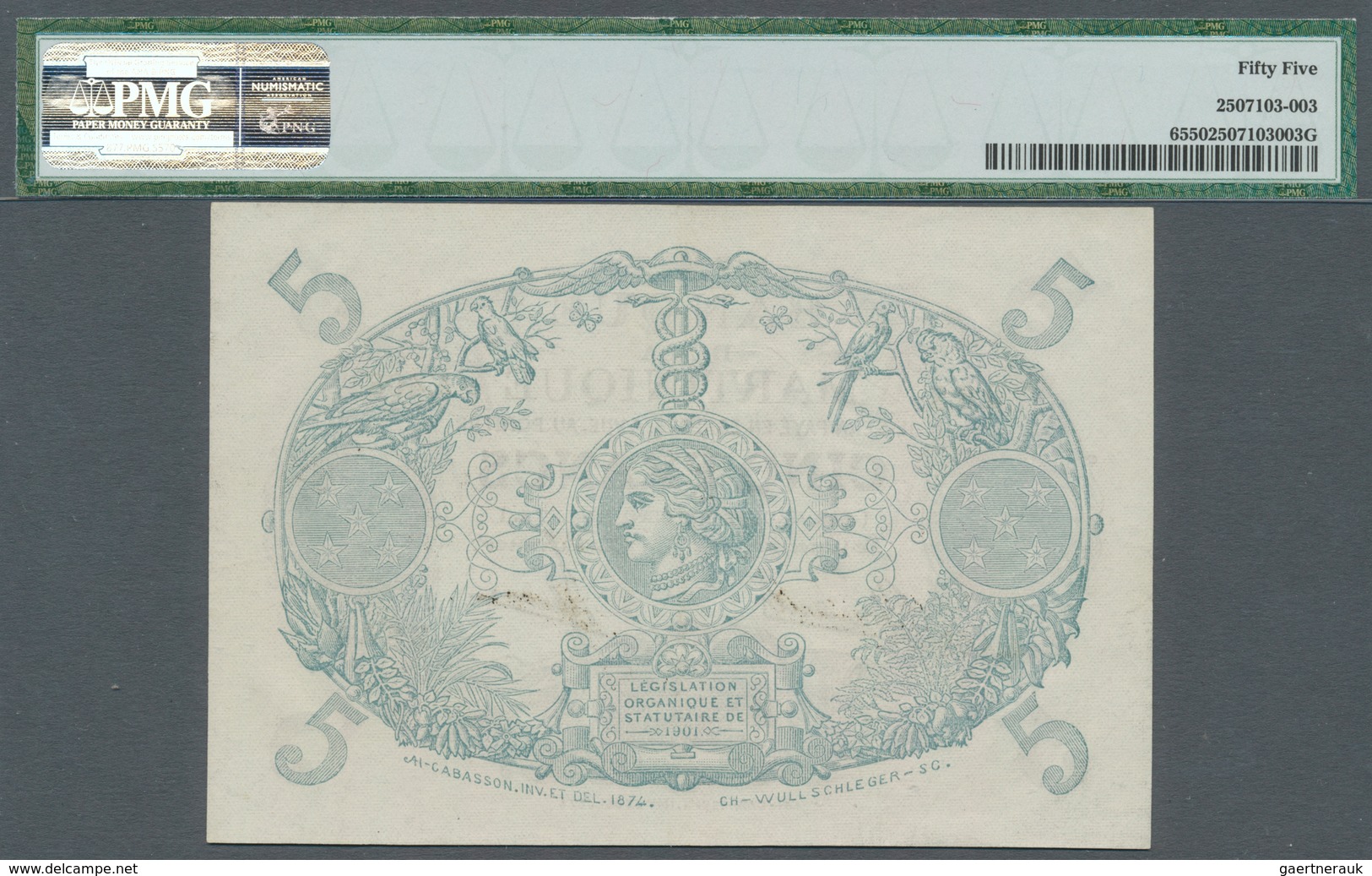 Martinique: 5 Francs ND(1934-45) P. 6, In Condition: PMG Graded 55 AUNC. - Andere & Zonder Classificatie