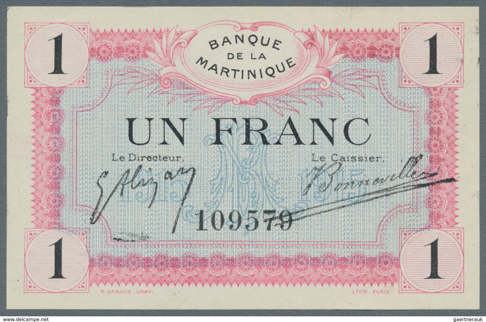 Martinique: Banque De La Martinique 1 Franc 1915, P.10, Almost Perfect Condition With Soft Diagonal - Sonstige & Ohne Zuordnung