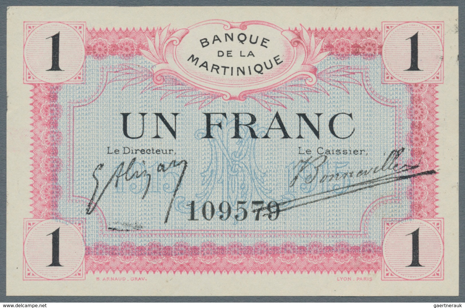 Martinique: Banque De La Martinique 1 Franc 1915, P.10, Almost Perfect Condition With Soft Diagonal - Andere & Zonder Classificatie