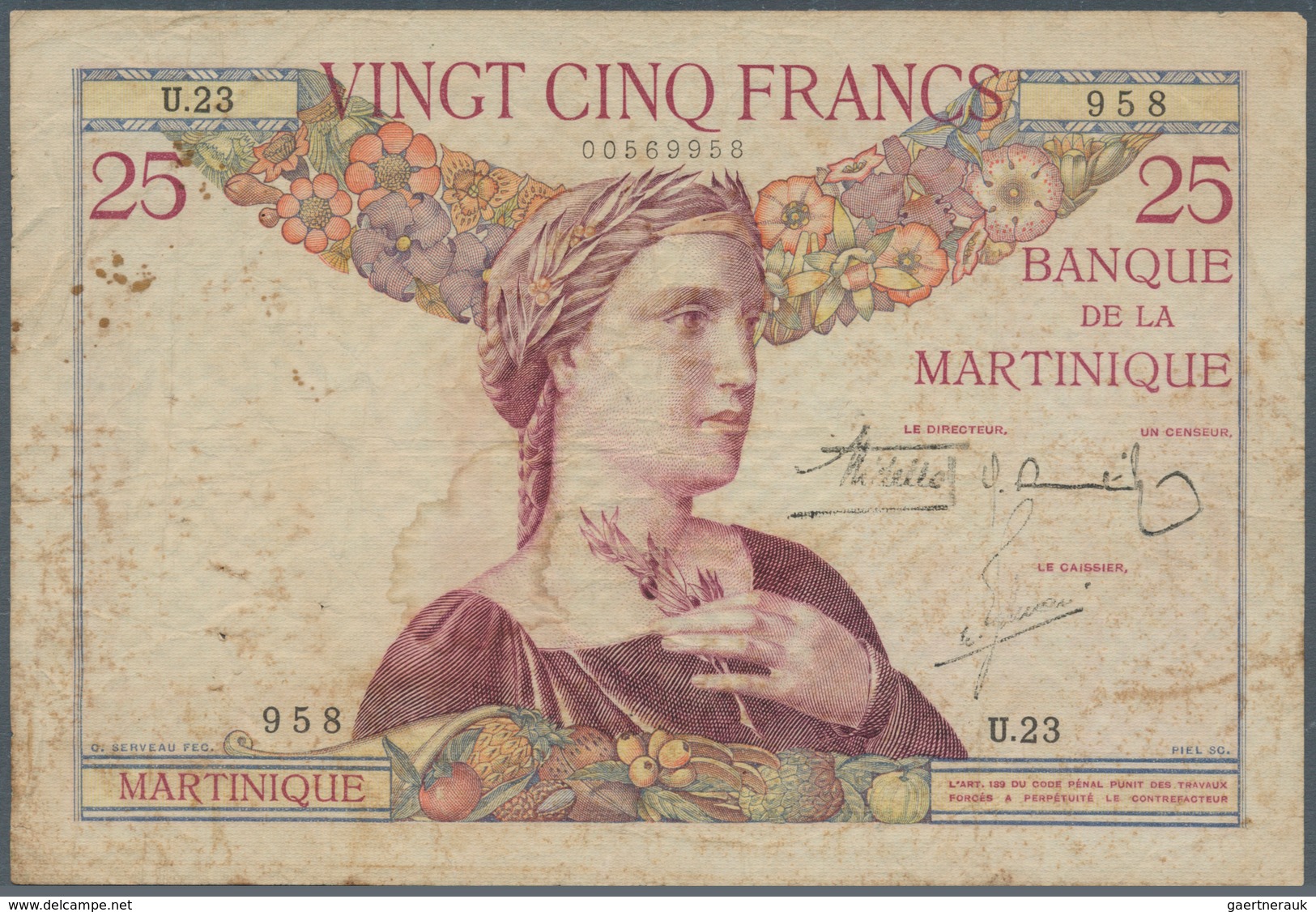 Martinique: 25 Francs ND(1930-45), P.12, Some Small Rusty Spots And A Few Pinholes. Condition: F- To - Autres & Non Classés