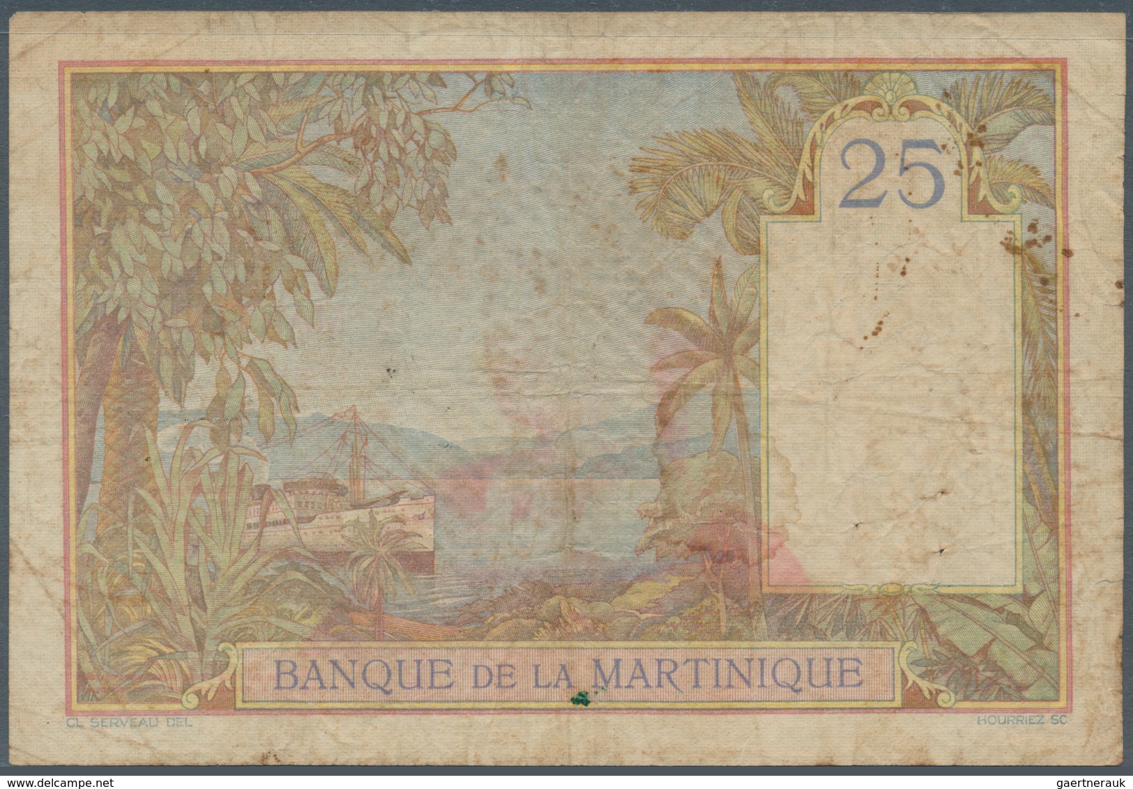 Martinique: 25 Francs ND(1930-45), P.12, Some Small Rusty Spots And A Few Pinholes. Condition: F- To - Autres & Non Classés