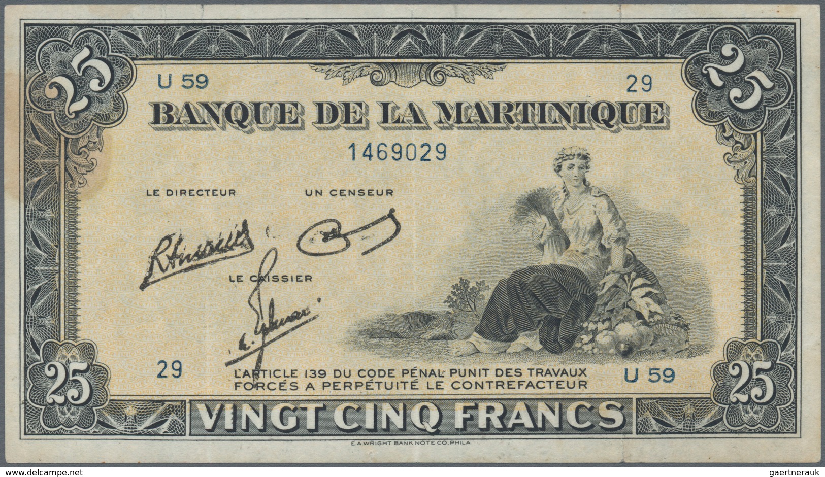 Martinique: 25 Francs ND(1943-45) P. 17, Pressed But Still Strong Paper And Nice Colors, Three Verti - Andere & Zonder Classificatie