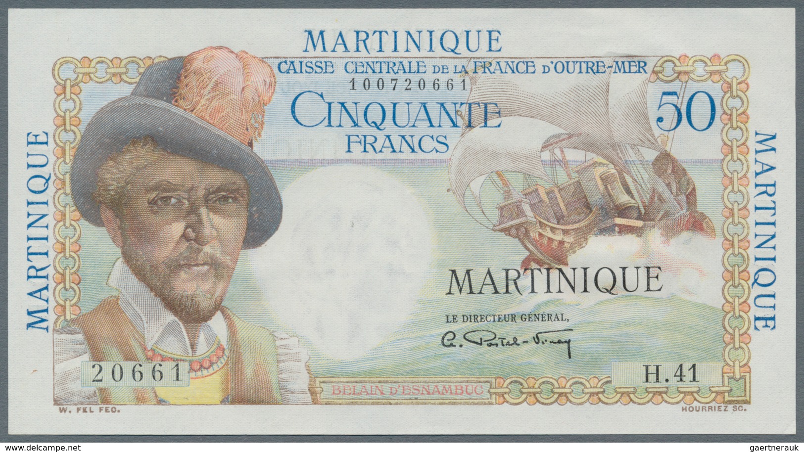 Martinique: 50 Francs ND(1947-52) P. 30, Light Center Fold, Otherwise No Folds, No Holes Or Tears, C - Sonstige & Ohne Zuordnung