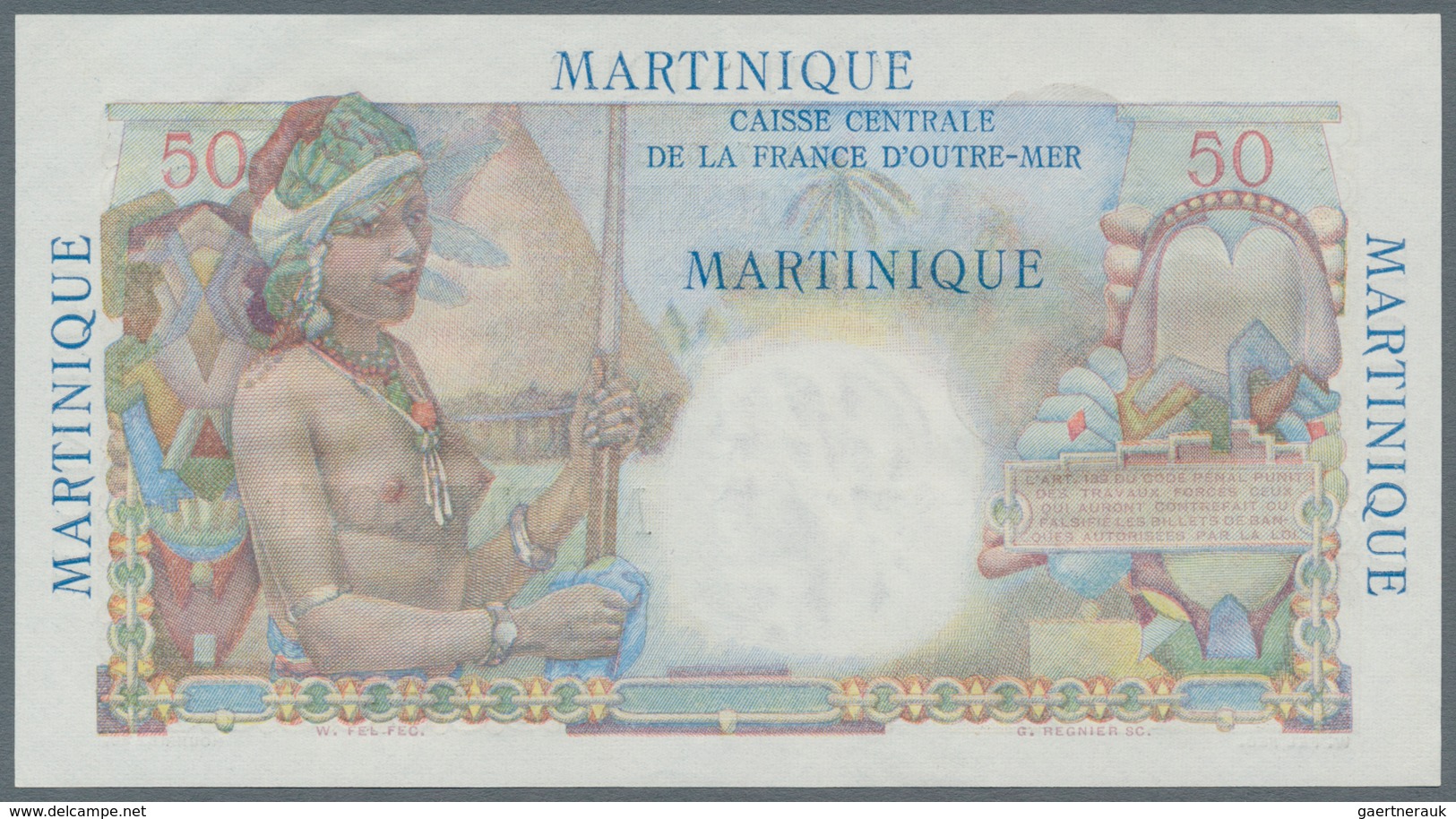 Martinique: 50 Francs ND(1947-52) P. 30, Light Center Fold, Otherwise No Folds, No Holes Or Tears, C - Otros & Sin Clasificación