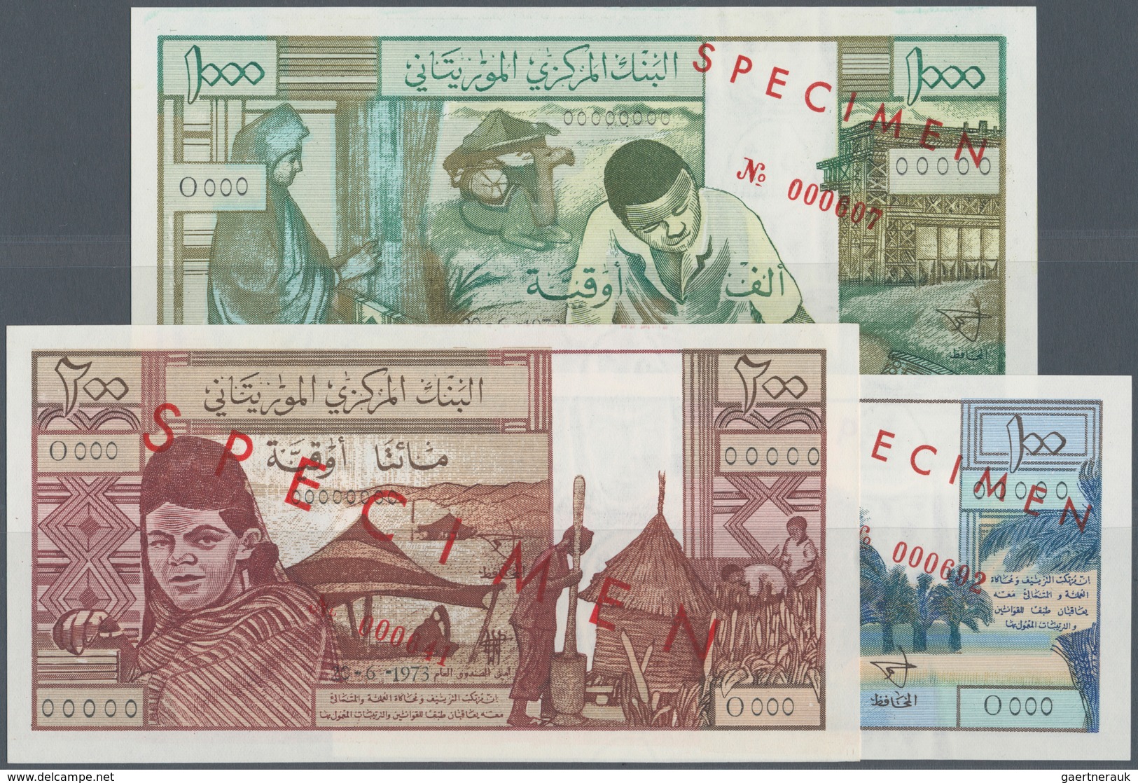 Mauritania / Mauretanien: Set Of 3 SPECIMEN Banknotes Containing 100, 200 & 1000 Ouguiya 1973 P. 1s, - Mauritanië
