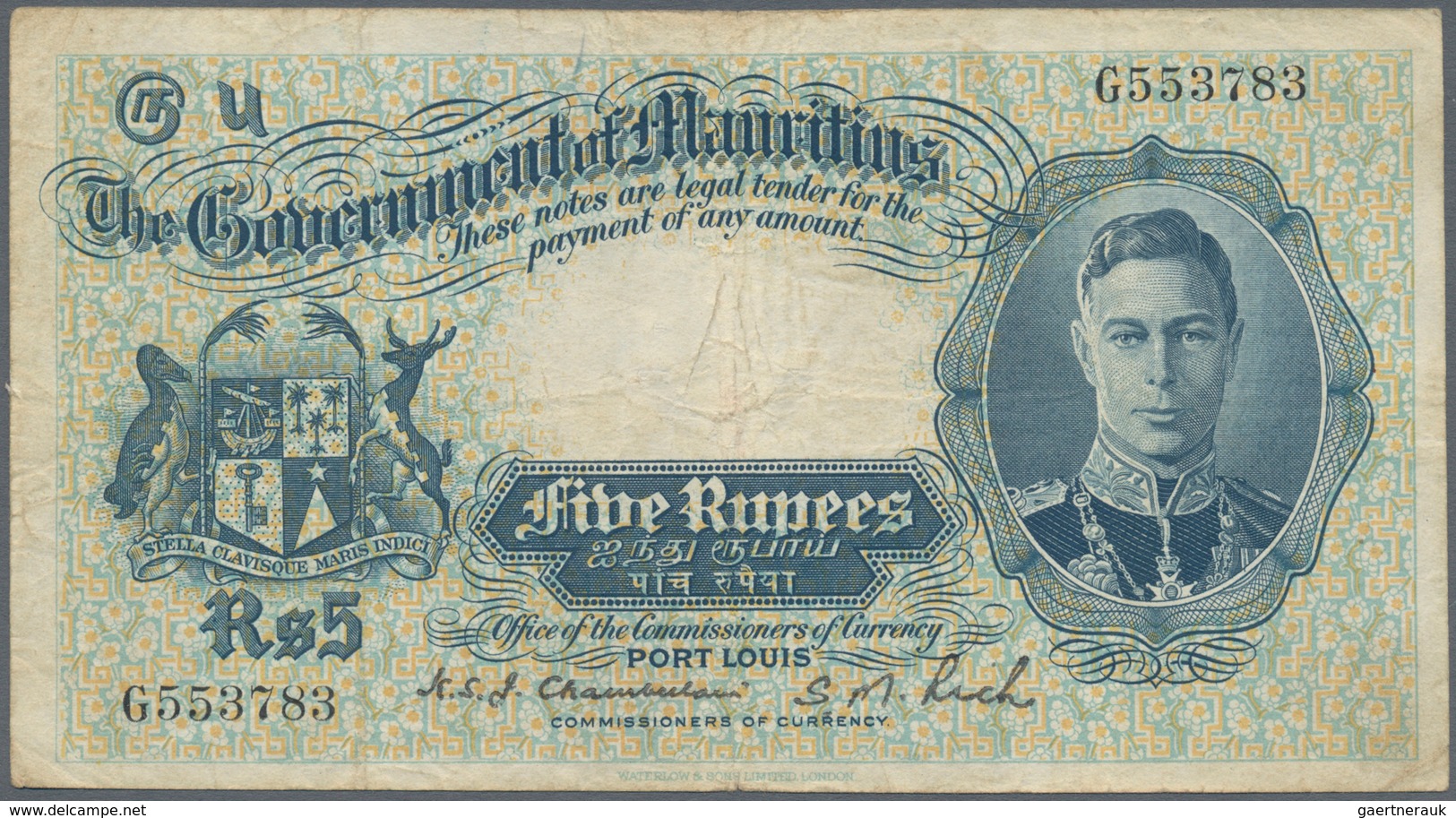 Mauritius: 5 Rupees ND(1937) P. 22, Portait KGVI, Used With Folds And Creases, Light Stain In Paper, - Maurice