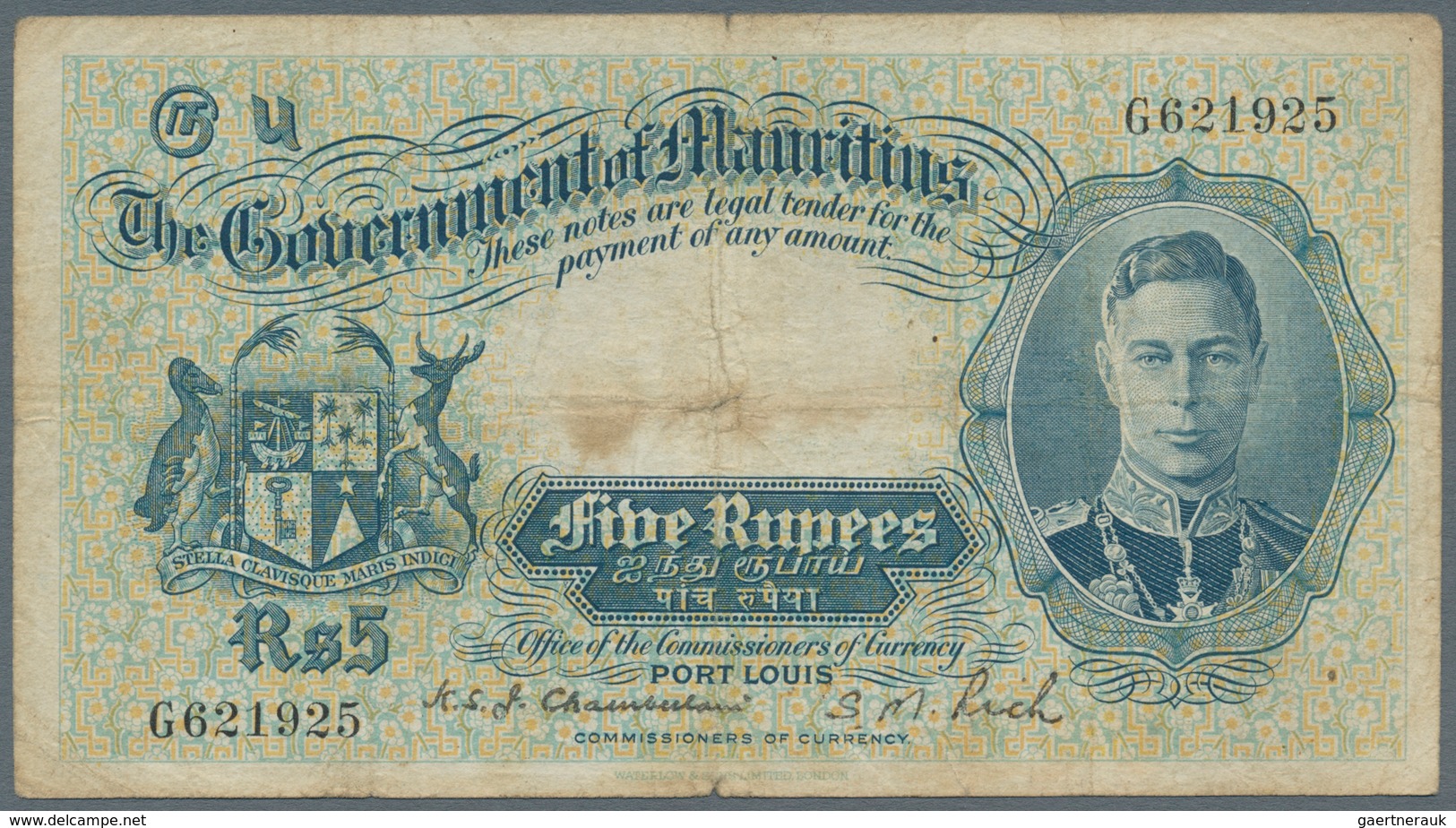 Mauritius: 5 Rupees ND(1937), P.22, Still Nice With Tiny Margin Splits And Small Tear At Center. Con - Maurice