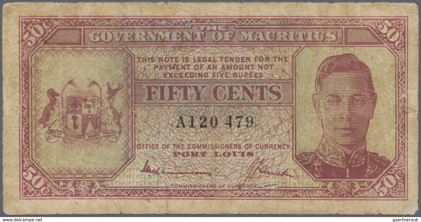 Mauritius: 50 Cents ND(1940) P. 25a, Portrait KGVI, Used With Folds And Creases, Borders A Bit Worn, - Mauritius