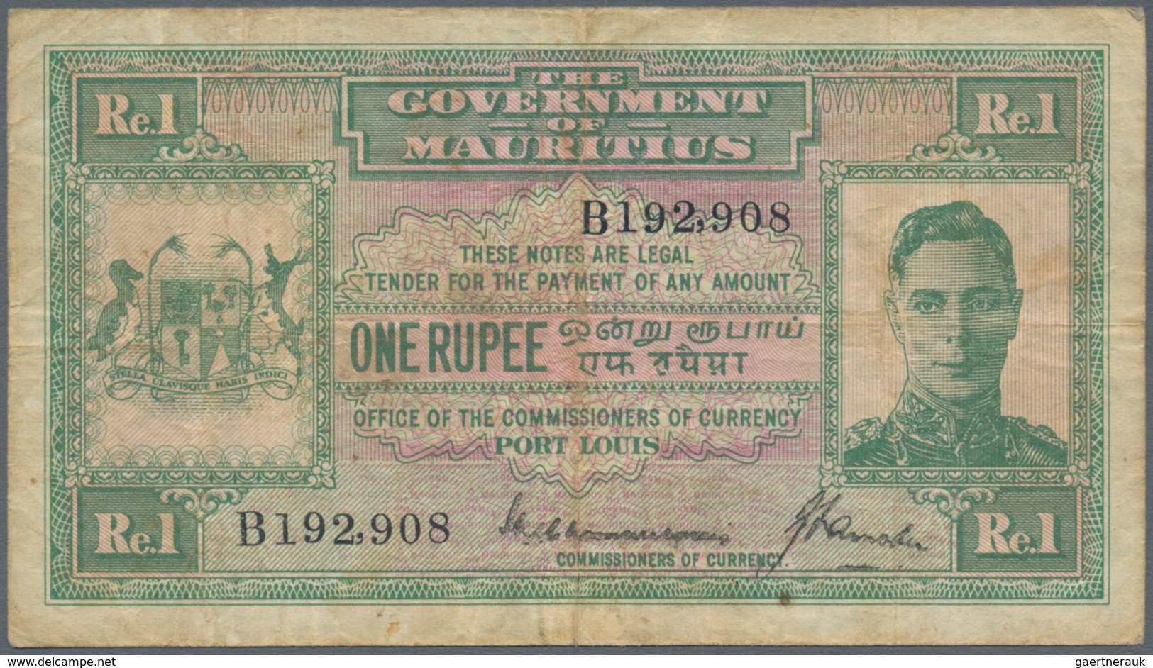 Mauritius: 1 Rupee ND(1940) P. 26, Used With Folds And Light Stain In Paper, Portrait KGVI, No Holes - Mauritius