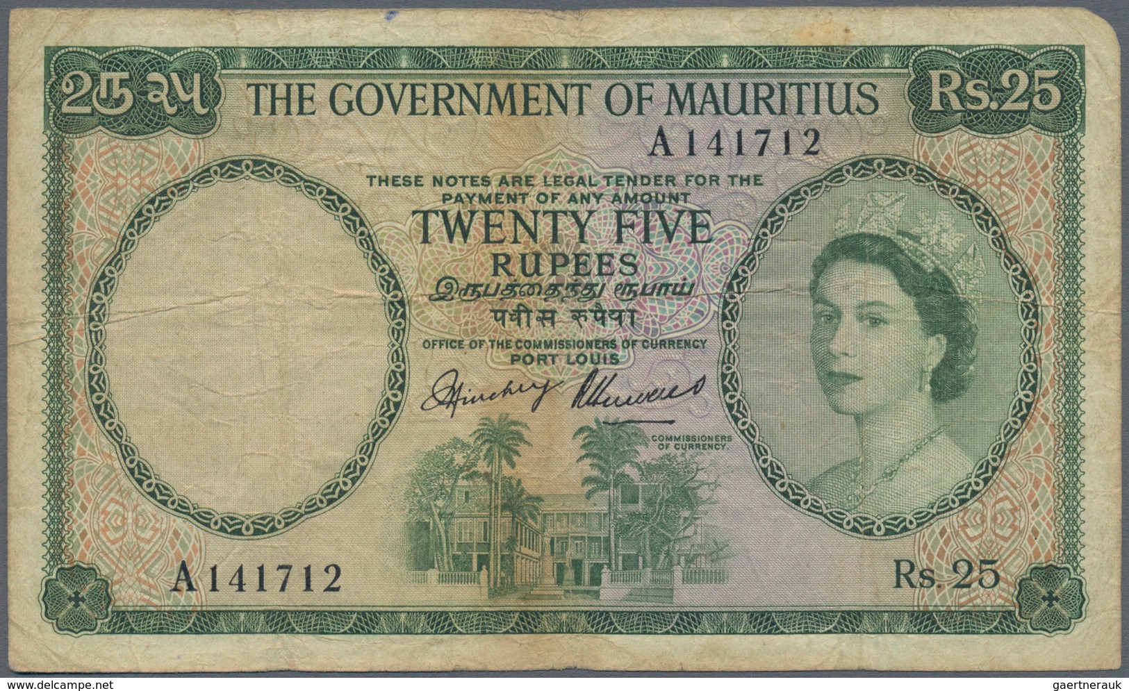 Mauritius: 25 Rupees ND(1954) P. 29, Rare Denomination Of This Series, Portrait QEII, Used With Fold - Mauritius