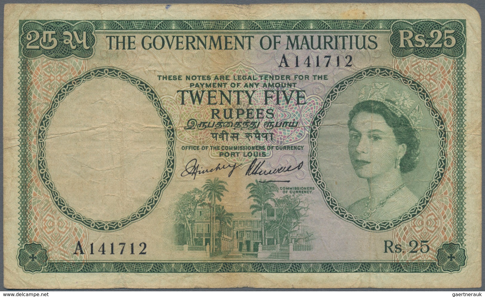 Mauritius: 25 Rupees ND(1954) P. 29, Rare Denomination Of This Series, Portrait QEII, Used With Fold - Mauricio