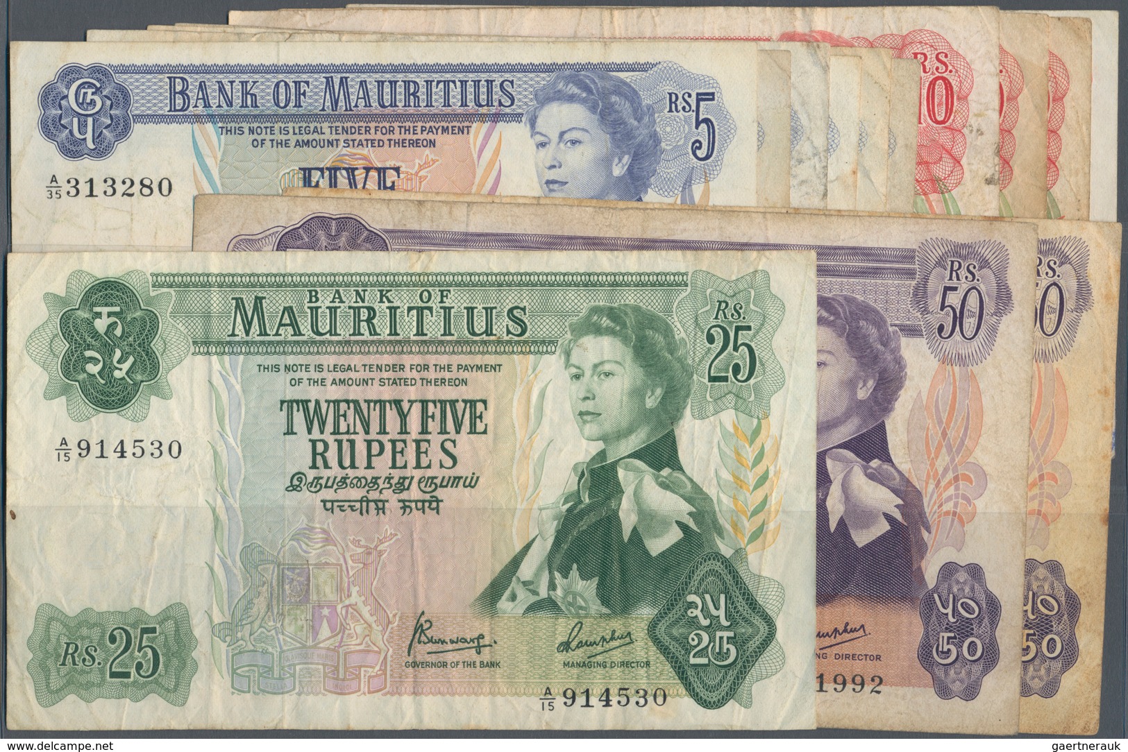 Mauritius: Set Of 13 Banknotes Containing 5x 5 Rupees ND(1967) P. 30 (F), 4x 10 Rupees ND(1967) P. 3 - Mauricio