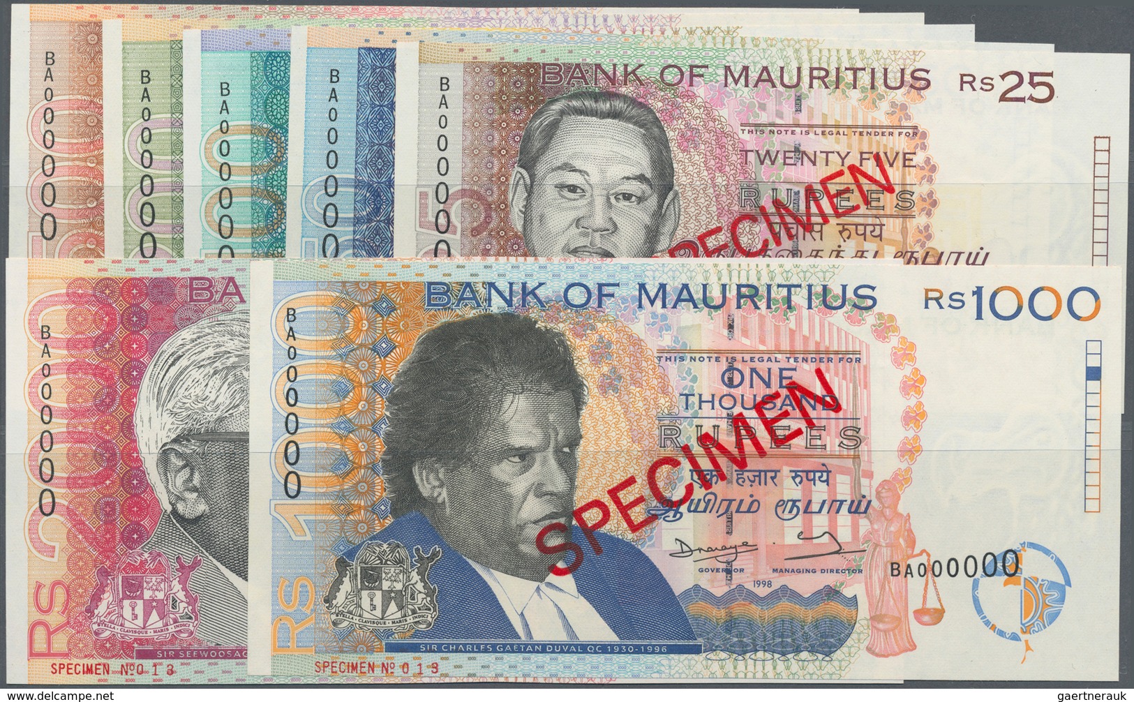 Mauritius: Highly Rare Specimen Set With 25, 50, 100, 200, 500, 1000 And 2000 Rupees 1998 Specimen, - Mauritius