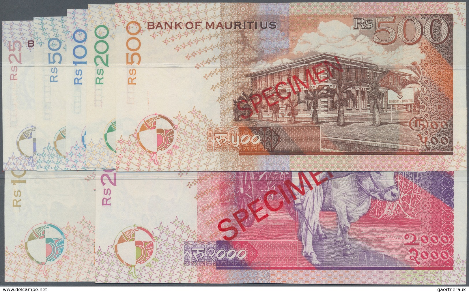 Mauritius: Highly Rare Specimen Set With 25, 50, 100, 200, 500, 1000 And 2000 Rupees 1998 Specimen, - Mauritius