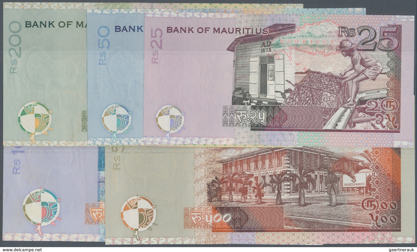 Mauritius: Set Of 5 Different Banknotes Containing 25, 50, 200, 500 & 1000 Rupees 1999 P. 49-54, All - Mauricio