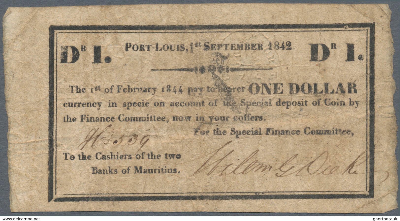 Mauritius: 1 Dollar Special Finance Committee 01.09.1842 / 01.02.1844, Printed On The Back Of Cut Up - Mauricio