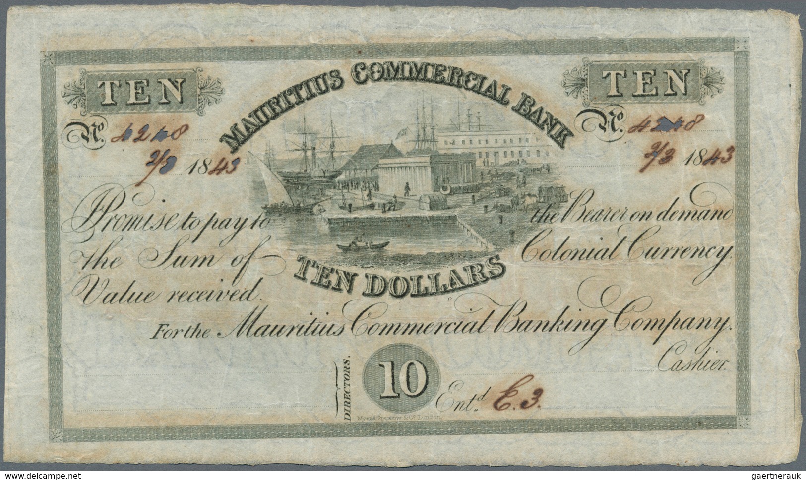 Mauritius: 10 Dollars = 2 Pounds Sterling 1843 P. S122, Used With Folds, Small Holes Caused By The I - Mauricio