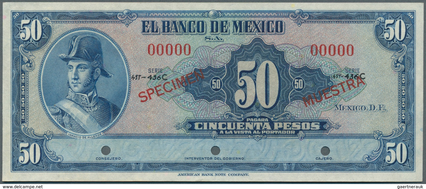 Mexico: 50 Pesos 1941 Specimen P. 41s, 3 Cancellation Holes, Zero Serial Numbers, Specimen Overprint - México