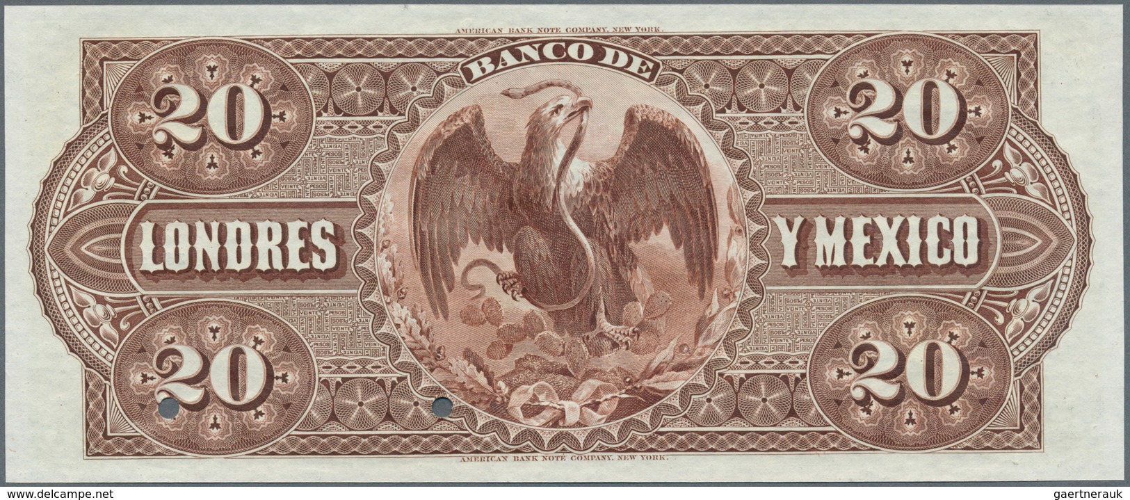 Mexico: Banco De Londres Y México 20 Pesos 1913 SPECIMEN, P.S235s, Punch Hole Cancellation And Red O - Mexiko