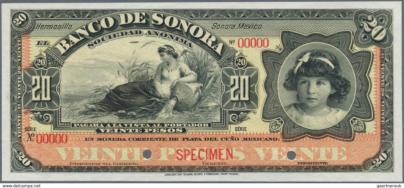 Mexico: El Banco De Sonora 20 Pesos 1899-1911 SPECIMEN, P.S421s, Punch Hole Cancellation And Red Ove - Mexico