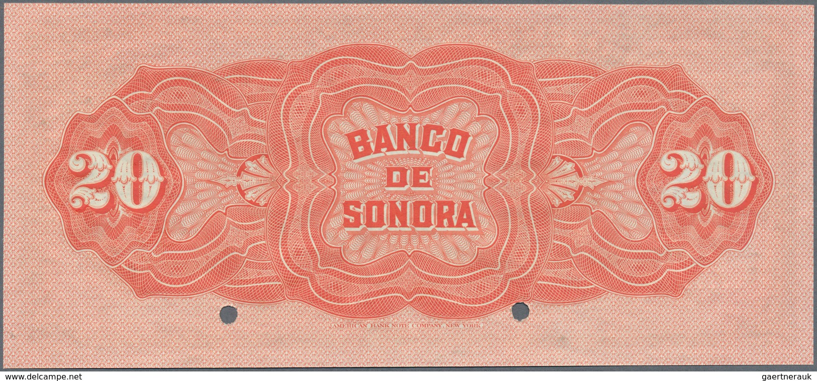 Mexico: El Banco De Sonora 20 Pesos 1899-1911 SPECIMEN, P.S421s, Punch Hole Cancellation And Red Ove - Mexiko