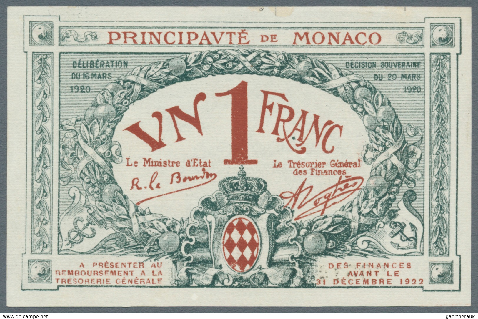 Monaco: 1 Franc 1920 P. 3, In Condition: AUNC. - Monaco