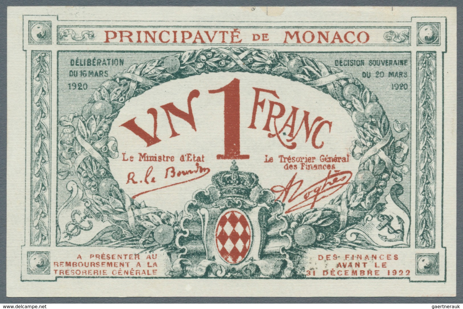 Monaco: 1 Franc 1920 P. 3, In Condition: AUNC. - Mónaco