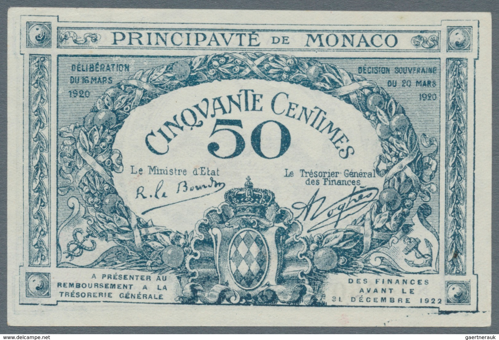 Monaco: 50 Centimes 1920 P. 3, Series D, In Condition: UNC. - Monaco