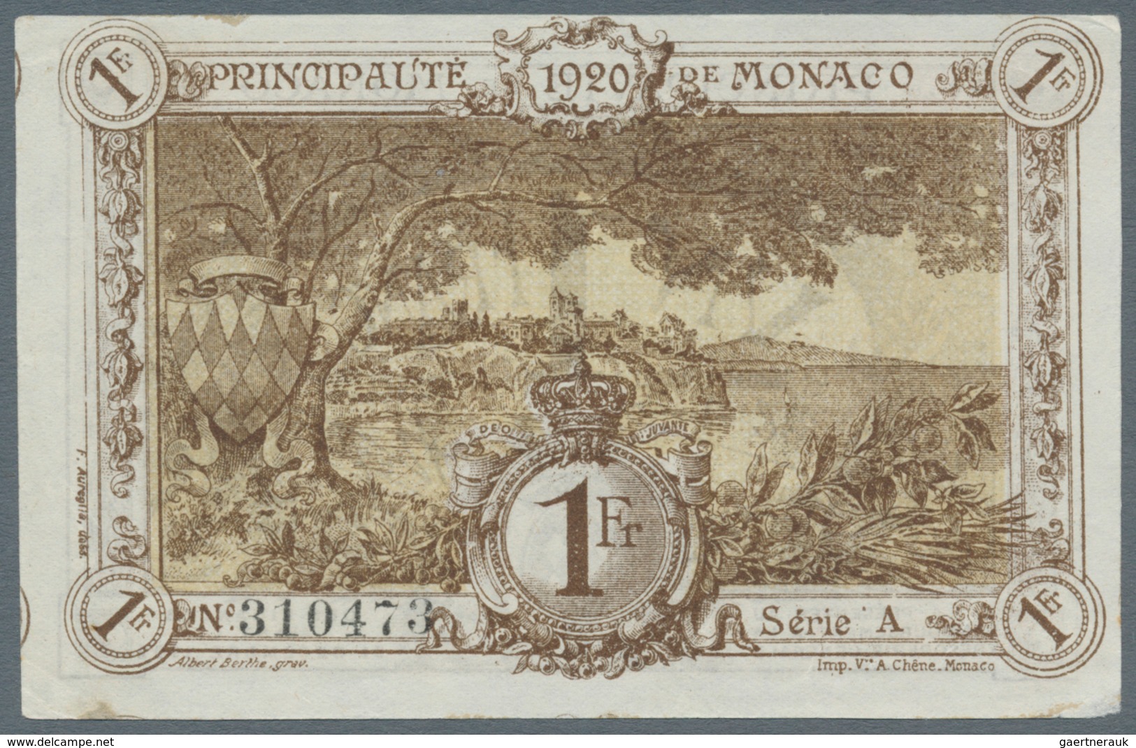 Monaco: 1 Franc 1920 Serie A, P. 4a, In Condition: AUNC. - Monaco