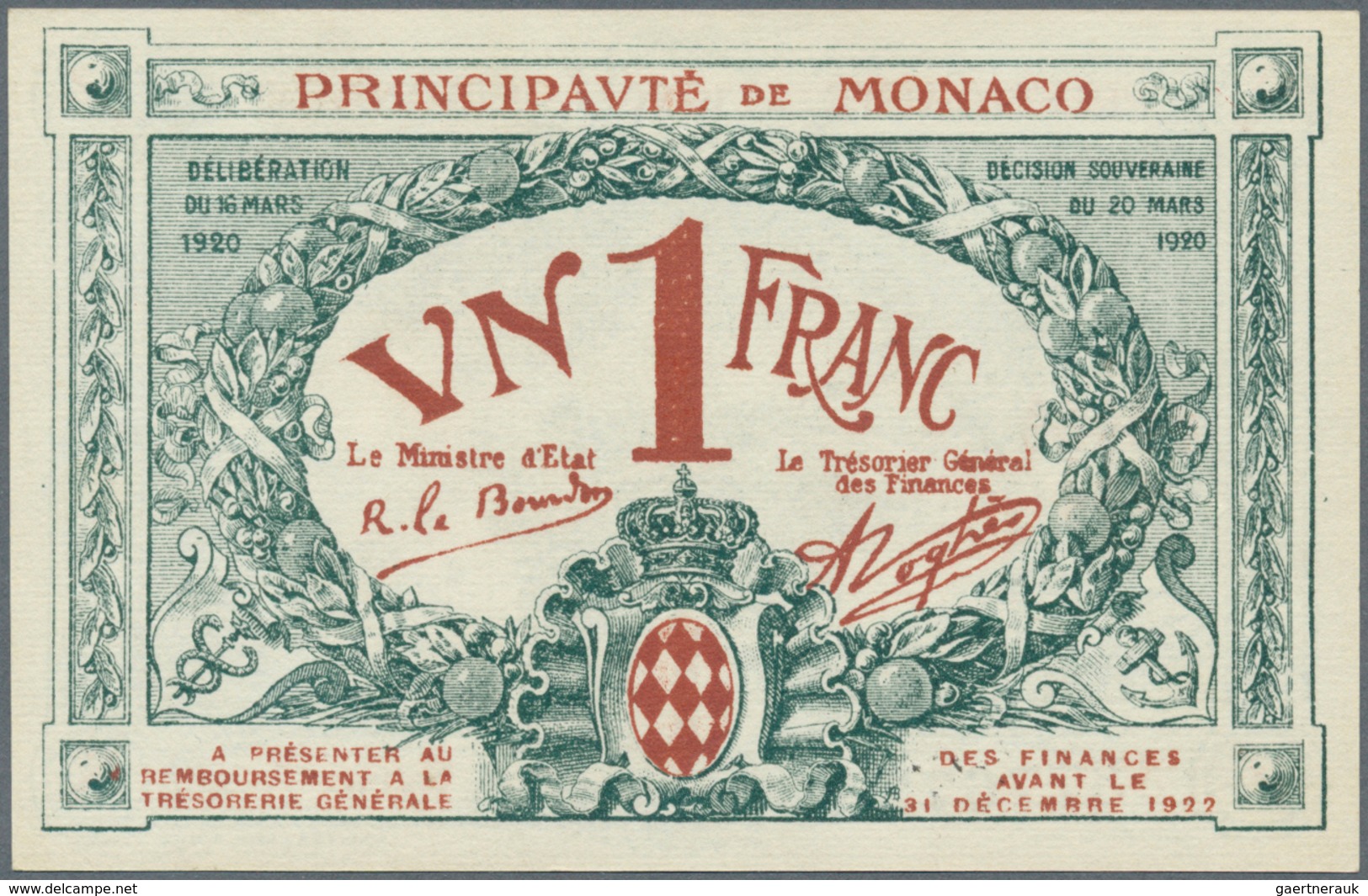 Monaco: 1 Franc 1920, P.5 In Perfect UNC Condition. Rare! - Monaco