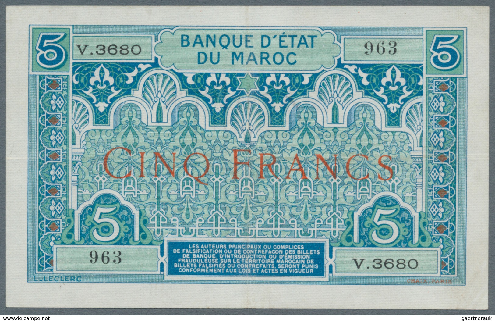 Morocco / Marokko: 5 Francs ND(1924) P. 9, Pressed, Vertical And Horizontal Fold, Strong Paper And N - Marokko