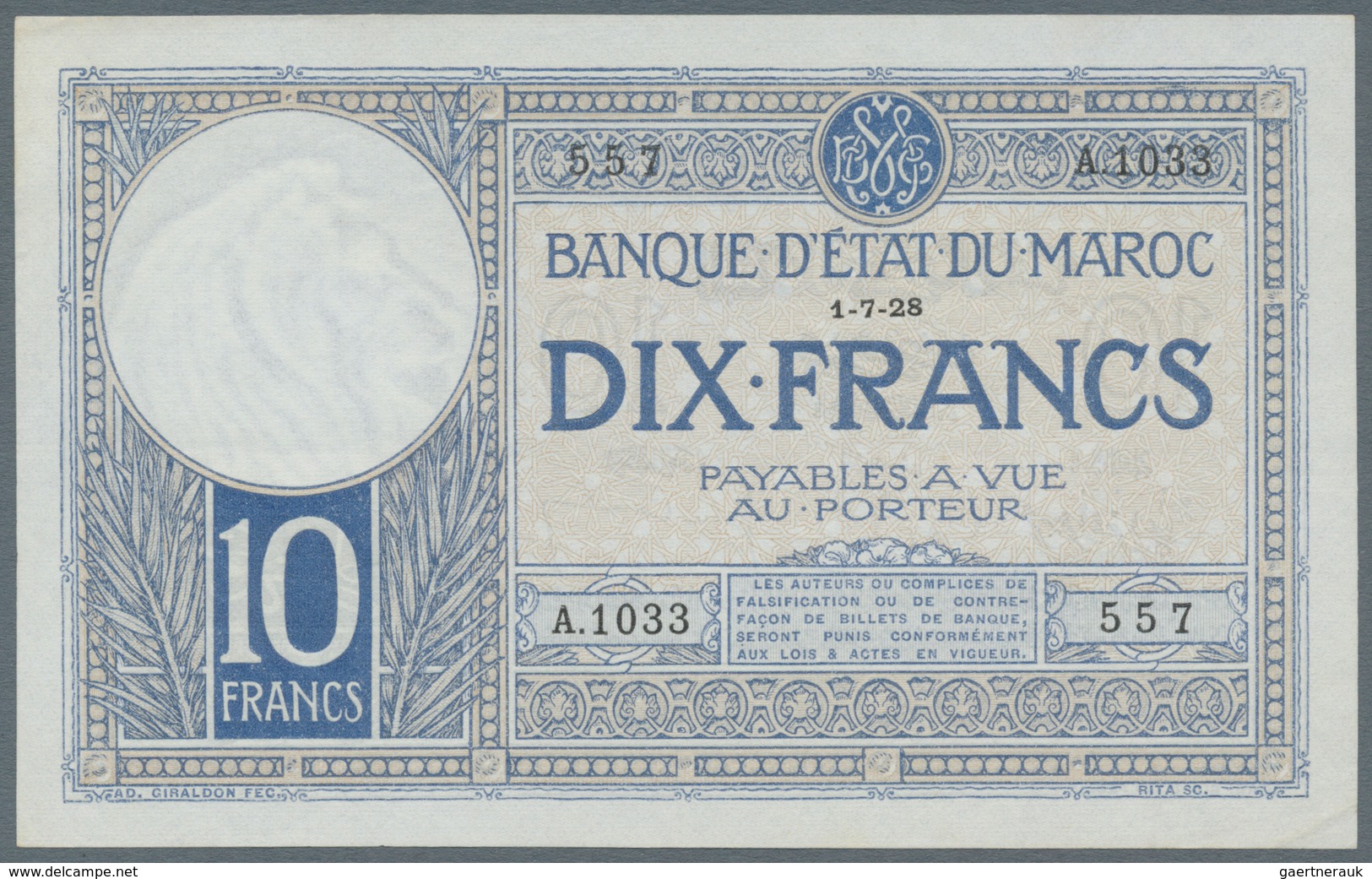 Morocco / Marokko: 10 Francs 1928 P. 11, In Condition: AUNC. - Maroc