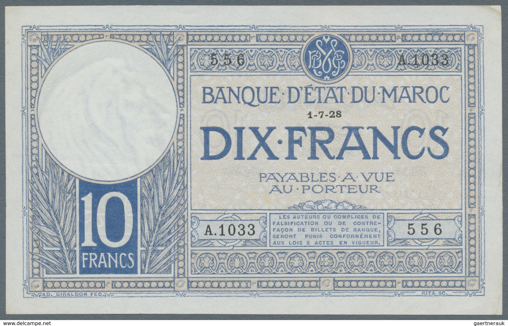 Morocco / Marokko: 10 Francs 1928 P. 11b, In Condition: XF+. - Marokko