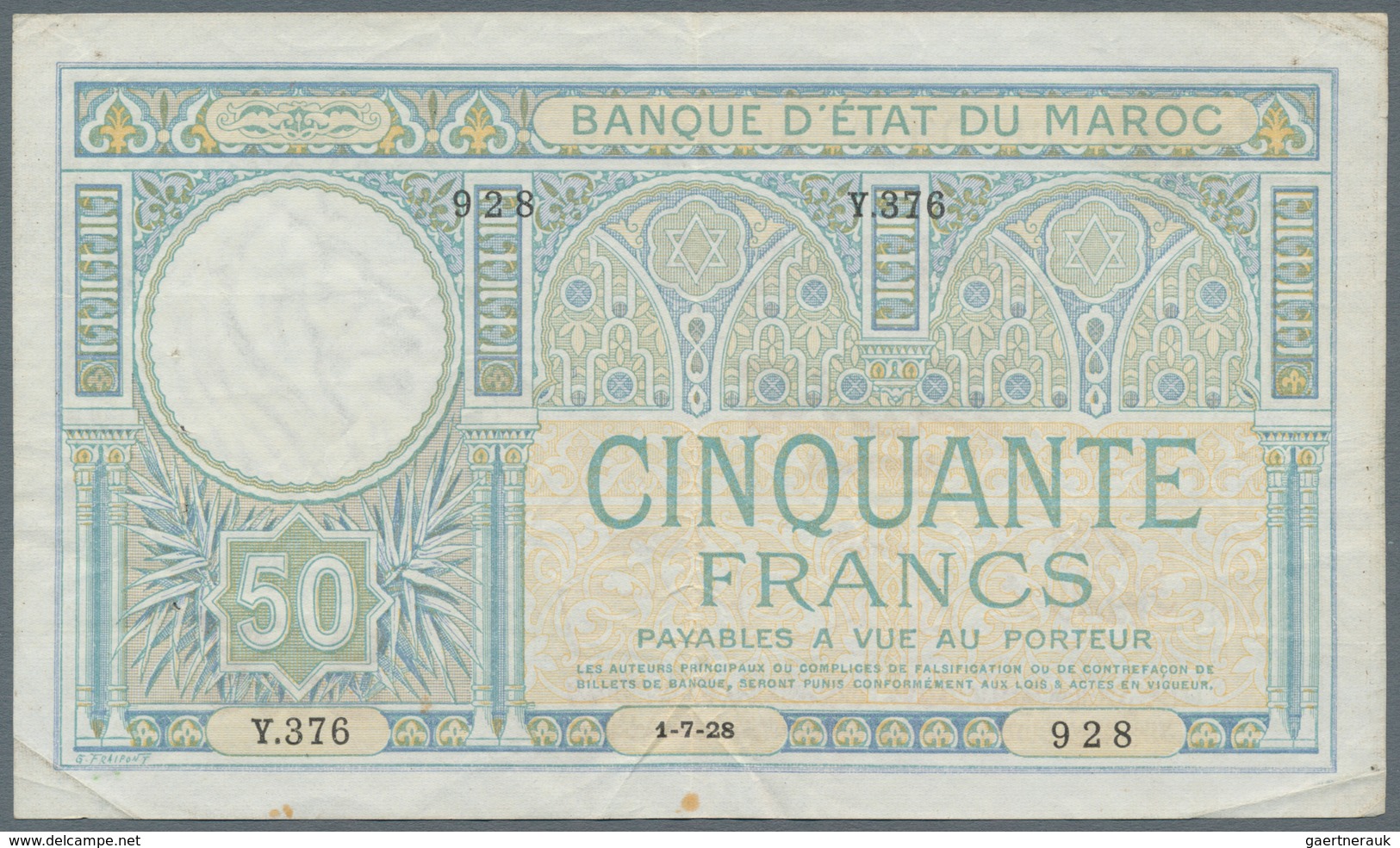 Morocco / Marokko: Banque D'État Du Maroc 50 Francs 1928, P.13, Highly Rare Note In Still Nice Condi - Maroc