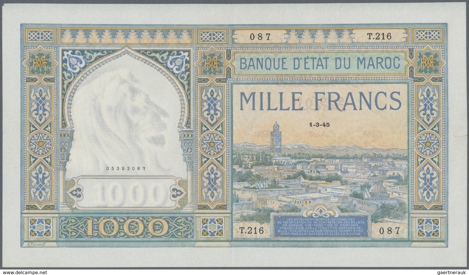 Morocco / Marokko: 1000 Francs 1945 P. 16 In Exceptional Condition, With Very Light Vertical And Hor - Marokko