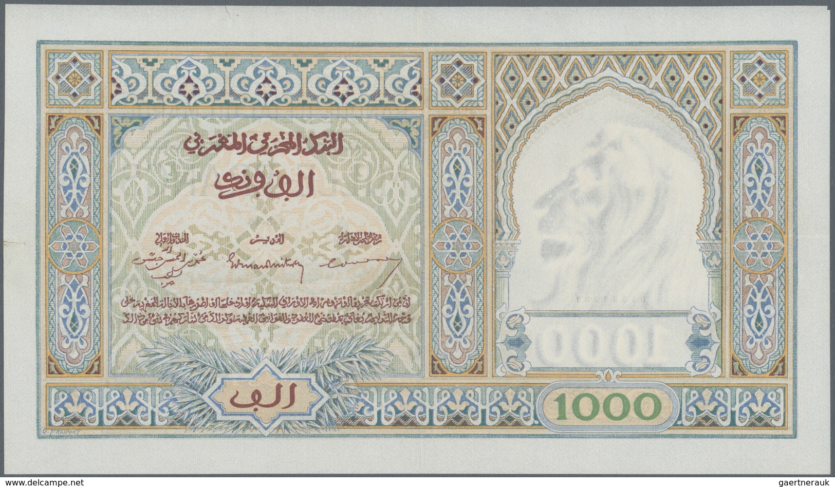 Morocco / Marokko: 1000 Francs 1945 P. 16 In Exceptional Condition, With Very Light Vertical And Hor - Marokko