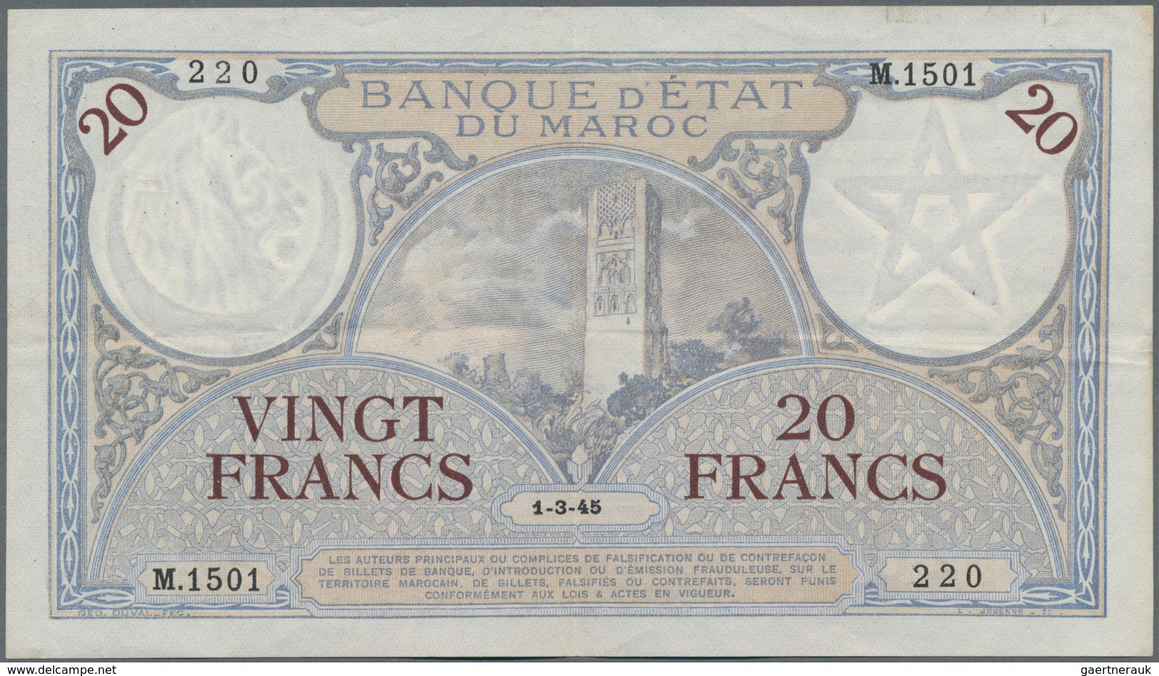 Morocco / Marokko: 20 Francs 1945 P. 18b With Light Folds And Creases In Paper, No Holes Or Tears, P - Marokko