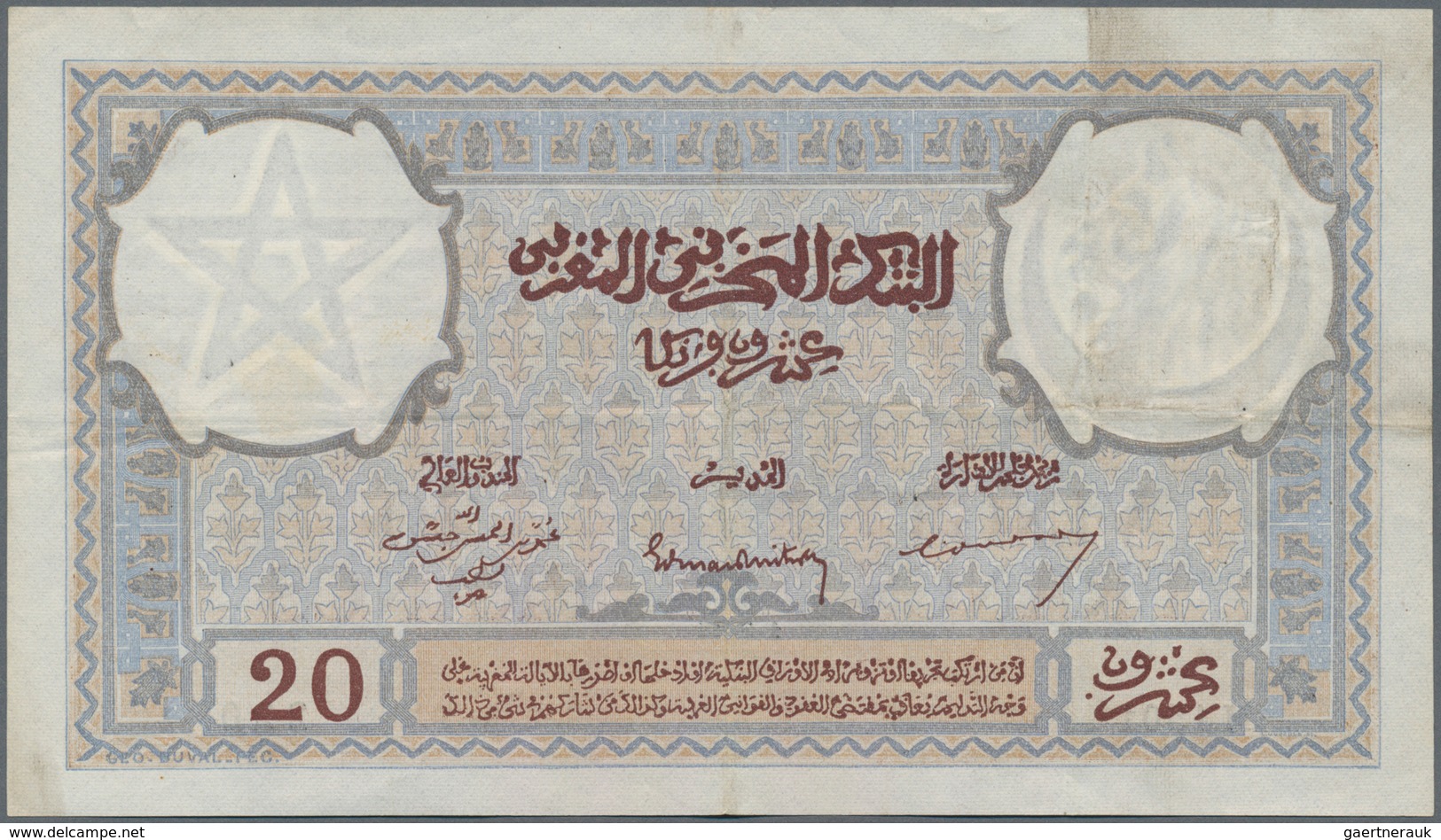 Morocco / Marokko: 20 Francs 1945 P. 18b With Light Folds And Creases In Paper, No Holes Or Tears, P - Morocco