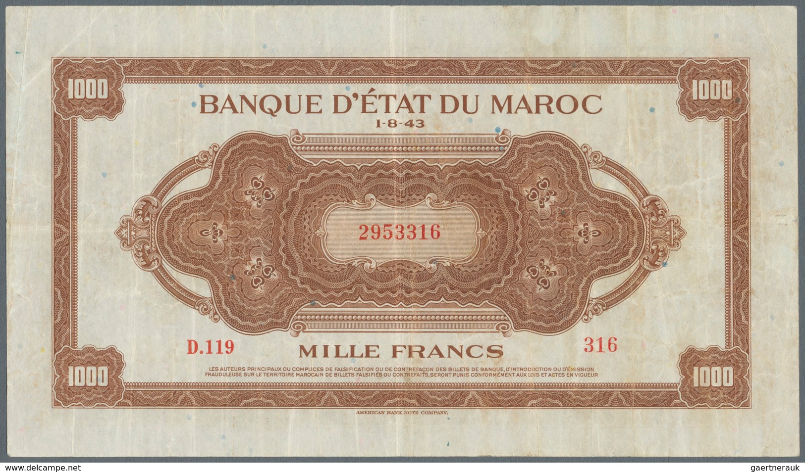 Morocco / Marokko: 1000 Francs 1943 P. 28a, Used With Several Folds And Creases, Light Stain In Pape - Maroc