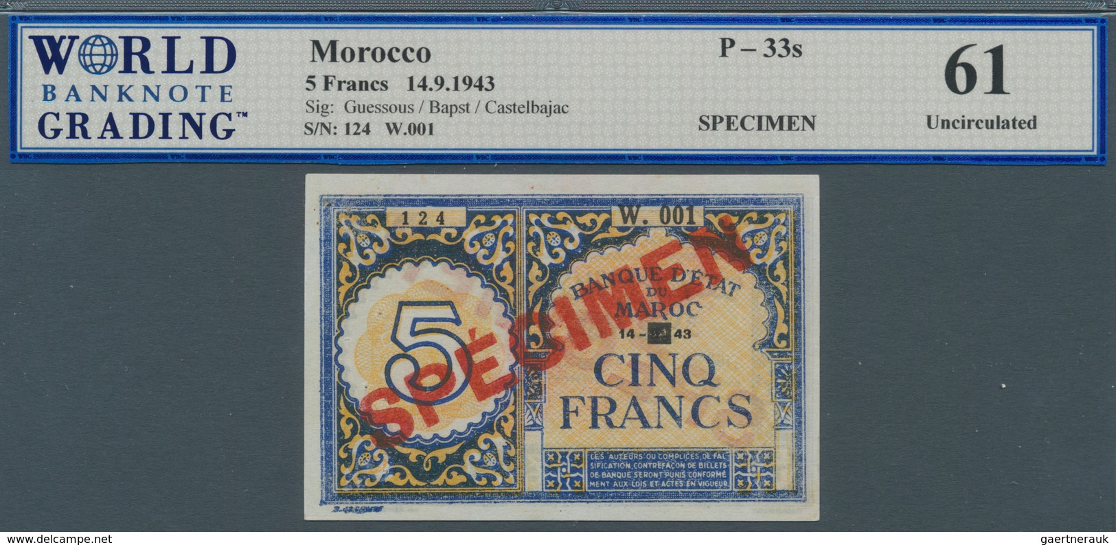 Morocco / Marokko: 5 Francs 1943 Specimen P. 33s, In Condition: WBG Graded 61 UNC. - Maroc