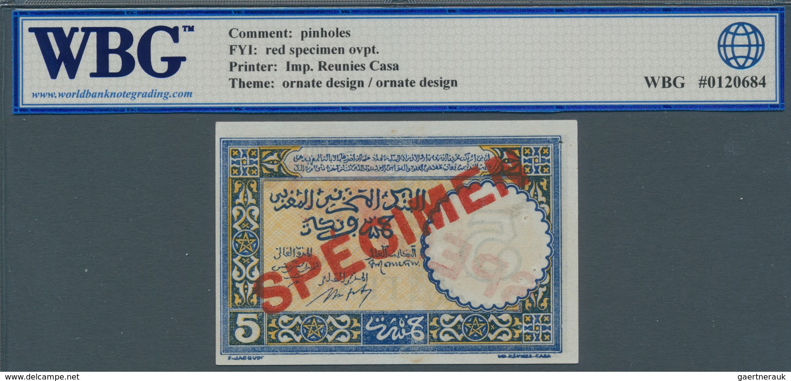 Morocco / Marokko: 5 Francs 1943 Specimen P. 33s, In Condition: WBG Graded 61 UNC. - Marruecos