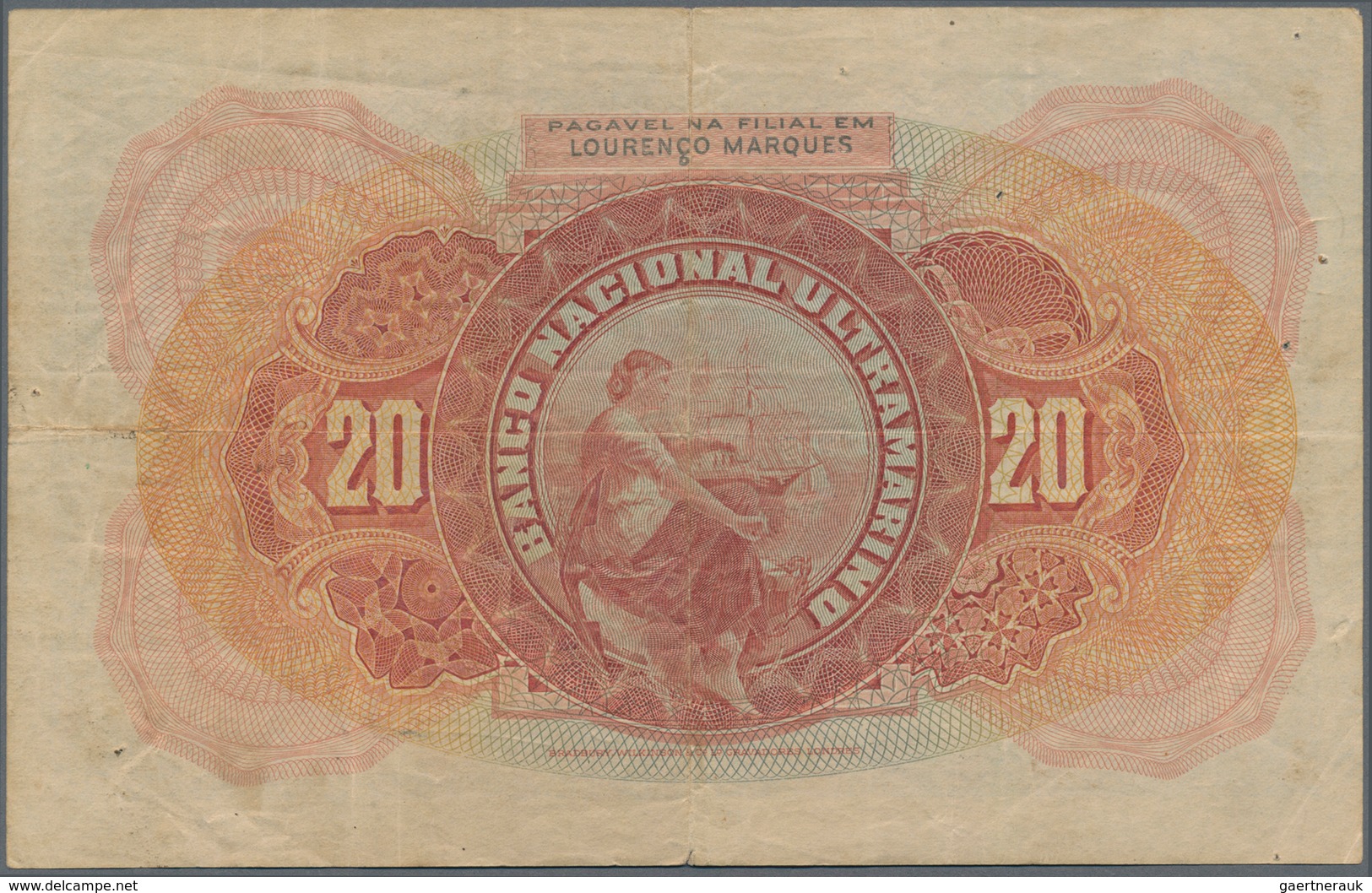 Mozambique: 20 Mil Reis 1909 P. 40, Used With Stronger Vertical And Horizontal Fold, Minor Pinholes, - Moçambique